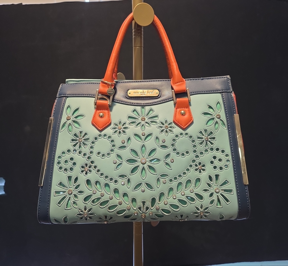 Nicole Lee Mint and Orange Floral Laser-Cut Satchel with Navy Trim
